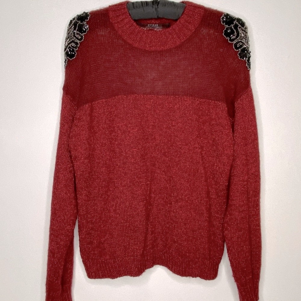 Guess burgundy semi sheer sweater with beaded shoulder detail size L